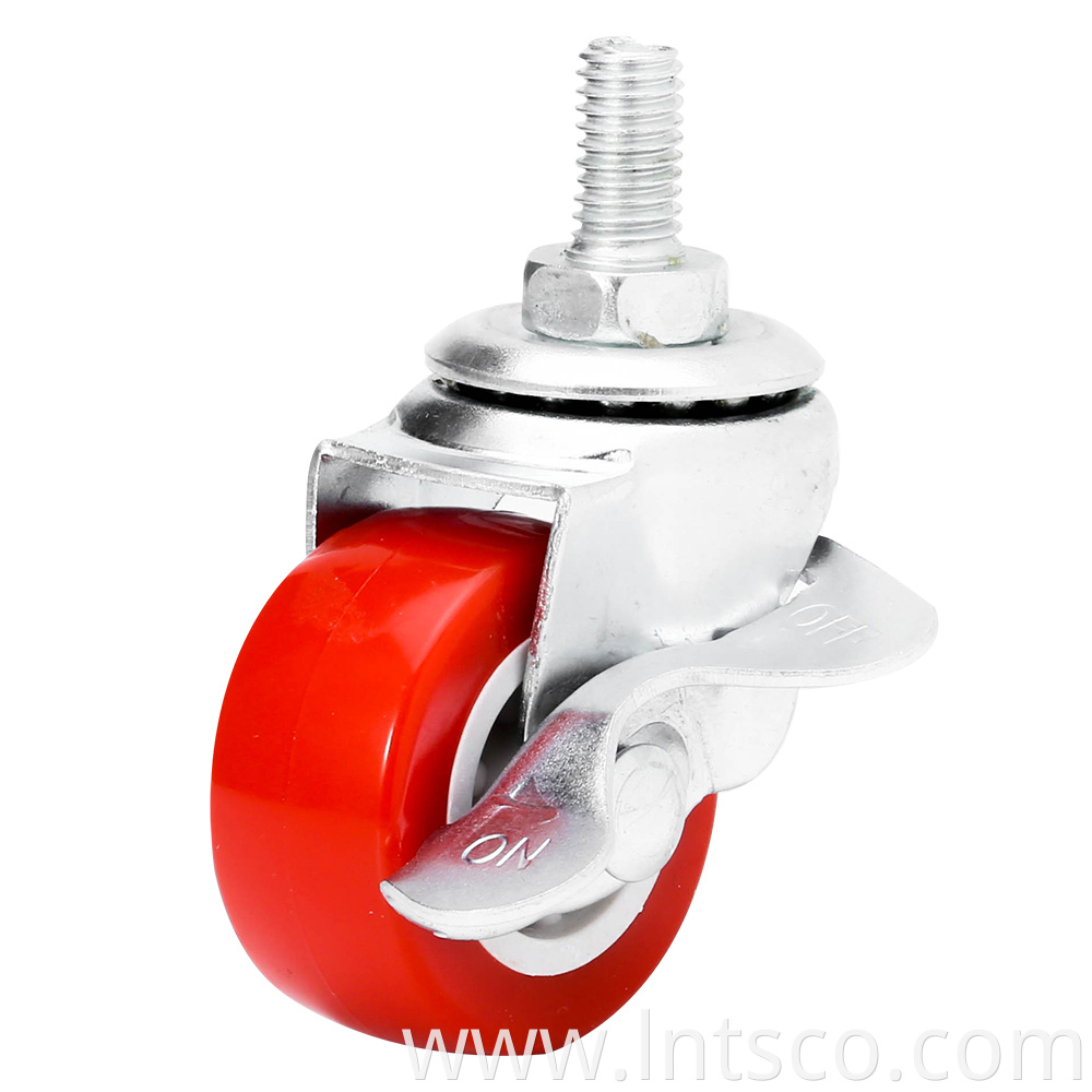 Side Brake Red PVC Threaded Stem Small Casters